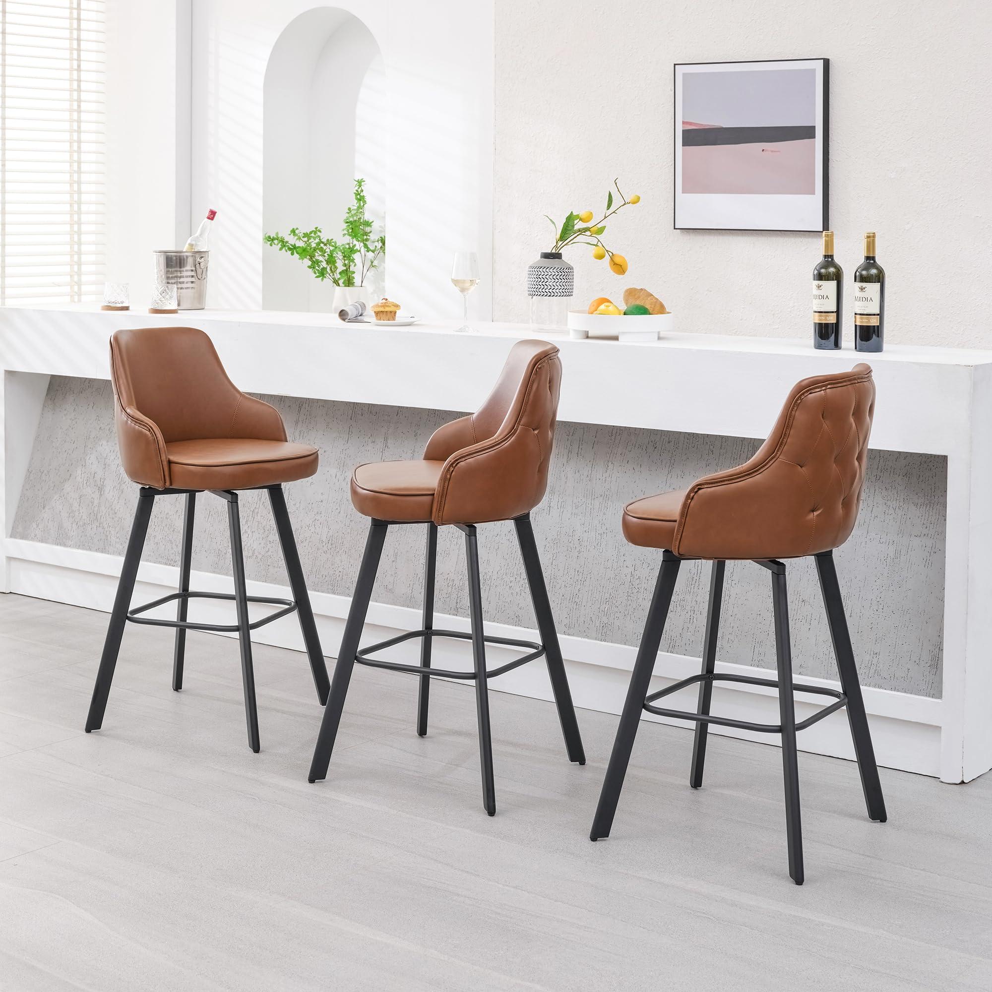 FIRAVOE FIRAVOE Bar Stools Set of 3, 30\" Swivel Bar Height Bar Stools with High Back, Faux Leather Kitchen Barstools Bar Height for Kitchen Island (Dark Brown, 3PCS 30\" Bar Stools)