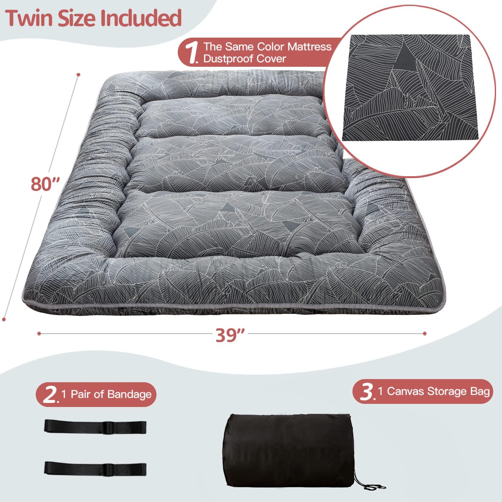 MAXYOYO Japanese Floor/Futon Mattress Thicken Sleeping Pad Roll Up Mattress Floor Lounger Bed Camping Mattress Guest Room Mattress Pad, Thick Soft and Comfortable, Black Leaf, Twin Size