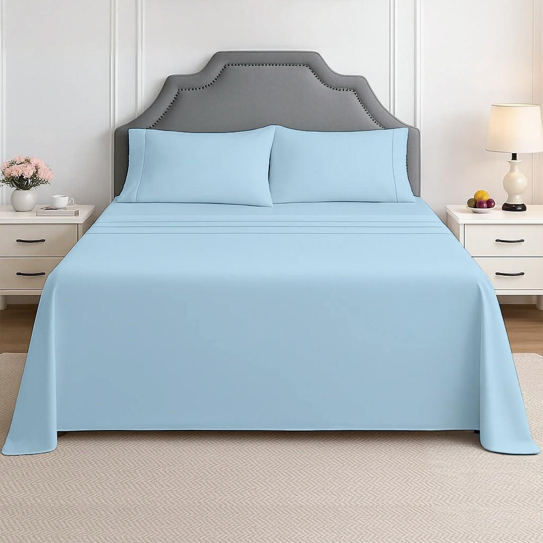 Shreem Linen Short Queen Sheets, RV Sheets Set for Campers, Deep Pockets Fitted RV Bunk Sheets, 4-Piece 1800 Microfiber Bed Sheet Set, Cool & Breathable, RV Queen Sheets (Light Blue, Short Queen)