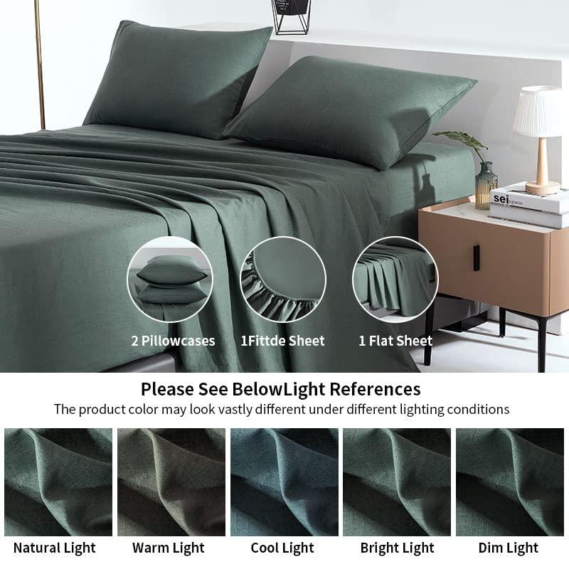 TUMEI TUMEI Bed Linen Set - 4Pcs Linen Sheets Set King, Green, Soft Breathable and Durable, Deep Pocket Fitted Sheet & Flat Sheet & 2 Pillowcases