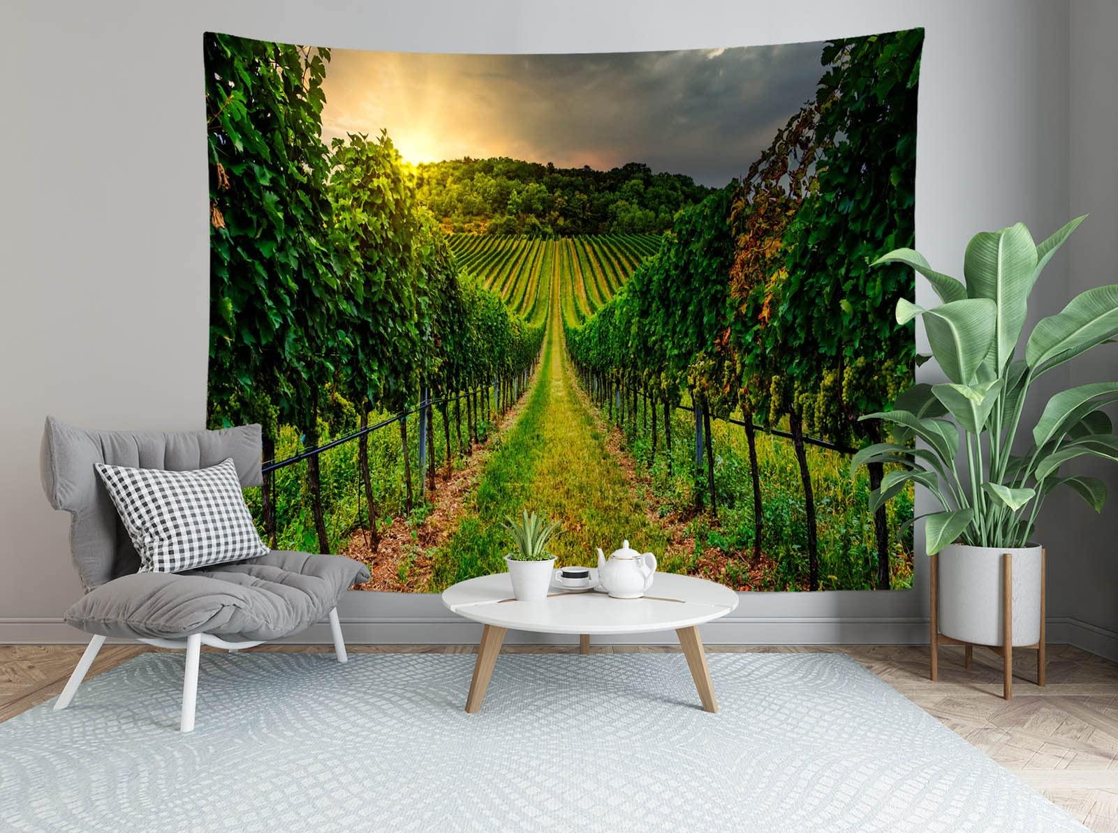 Loccor Loccor Vineyard Tapestry Farm Sunset Green Vineyard Landscape Tapestry Wall Hanging Vineyard Grapevine Field Wine Tapestry for Living Room Bedroom Dorm Home Decor 140x100inch