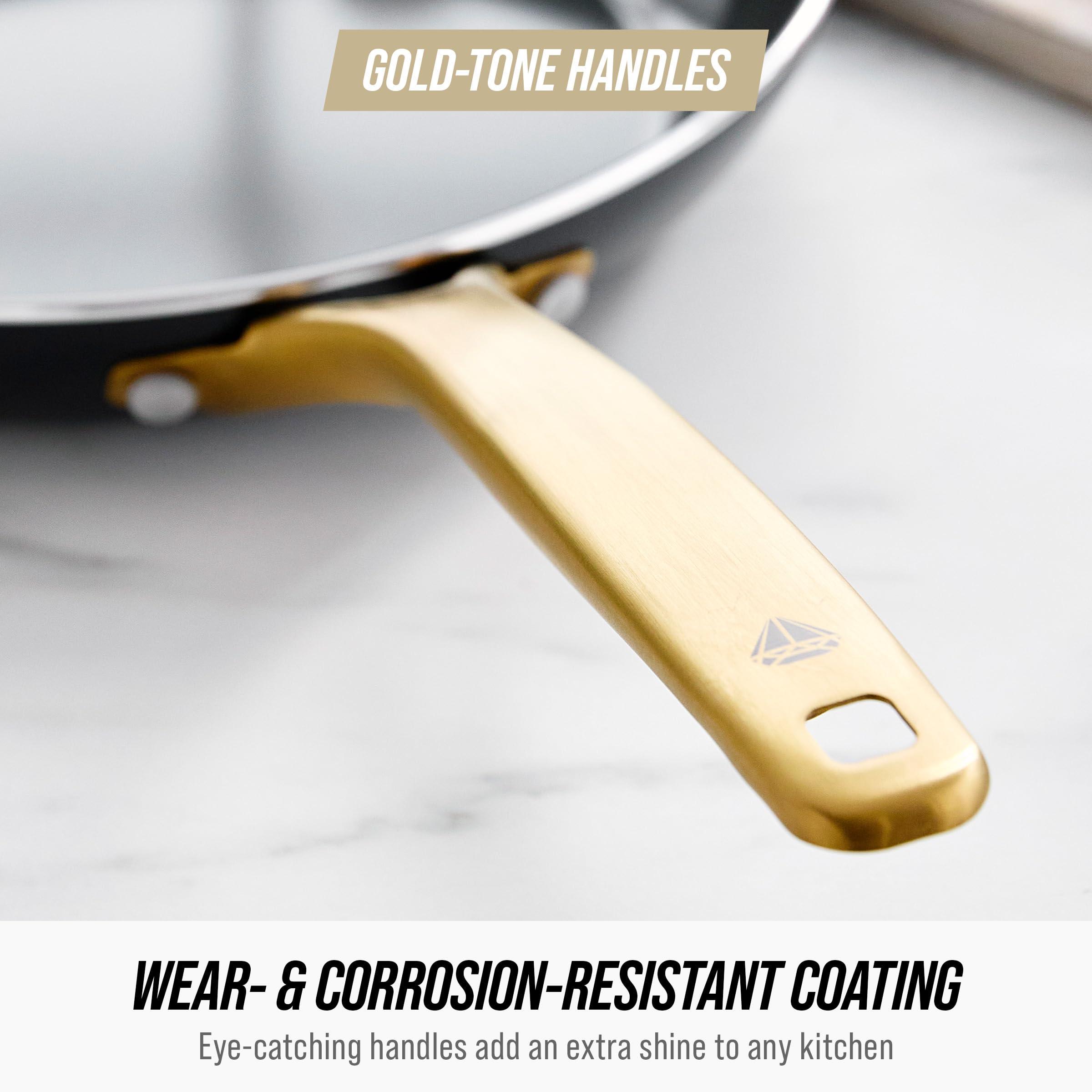 Blue Diamond Blue Diamond Gold 14 Piece Cookware Pots and Pans Set, Induction Suitable, Diamond Infused PFOA & PFAS-Free Ceramic Nonstick, Durable Metal Utensil Safe, Dishwasher Safe, Gold Handle, Black