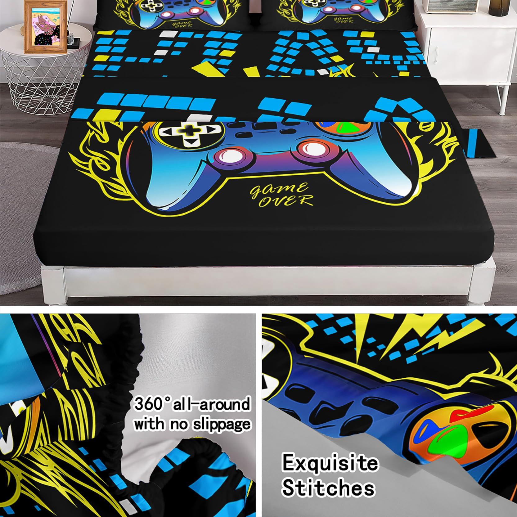 kodhyvj kodhyvj Gamepad Fitted Sheet Queen Size - Gaming Bedding Sets for Boys Bedroom Gamer Twin Sheet Set Kids Video Game Controller Fitted Bed Sheet with 1 Flat Sheet, 1 Fitted Sheet, 2 Pillowcases