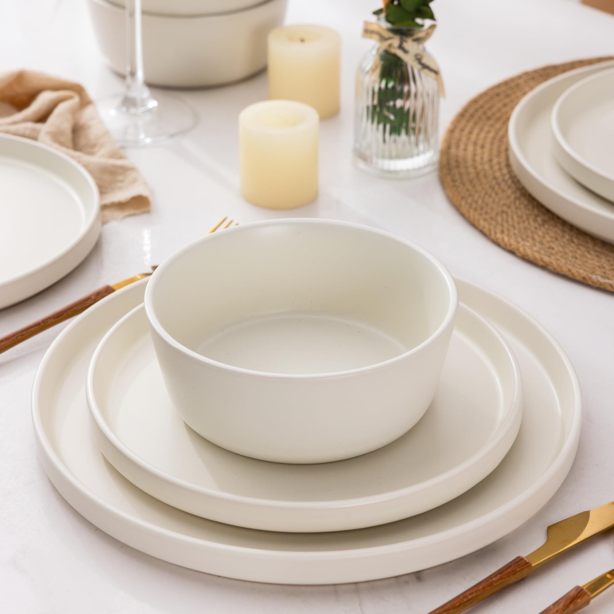 AmorArc AmorArc Ceramic Dinnerware Sets of 4, Modern Flat Stoneware Plates and Bowls Sets,Chip and Crack Resistant | Dishwasher & Microwave Safe Dishes Set,Scratch Resistant- Service for 4 (12pc)-Matte Cream