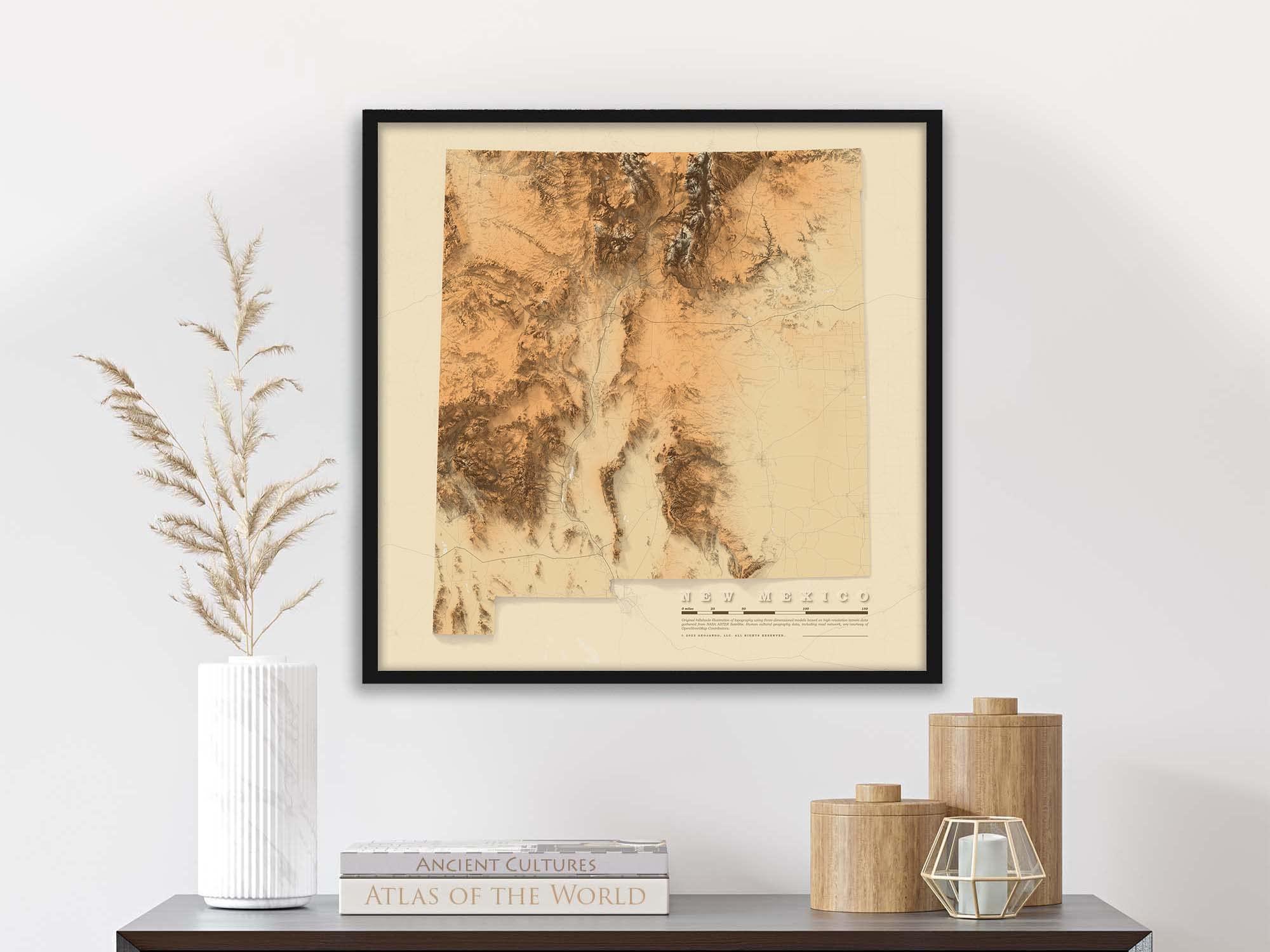 GEOJANGO GeoJango Maps, New Mexico State Physical Map; Topo Topographical Elevation Shaded Relief Framed Picture, 24x24 inch map (Antique)