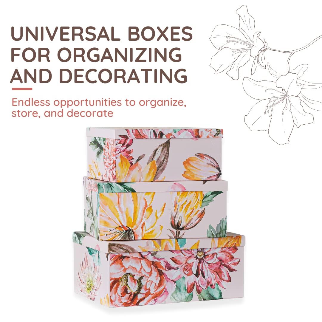 Soul & Lane Soul & Lane Decorative Cardboard Storage Boxes with Lids for Home Decor and Organization, Set of 3 Large Keepsake Boxes for Memories & Gifts, Nesting Floral Photo Storage Containers, Beauty in Bloom