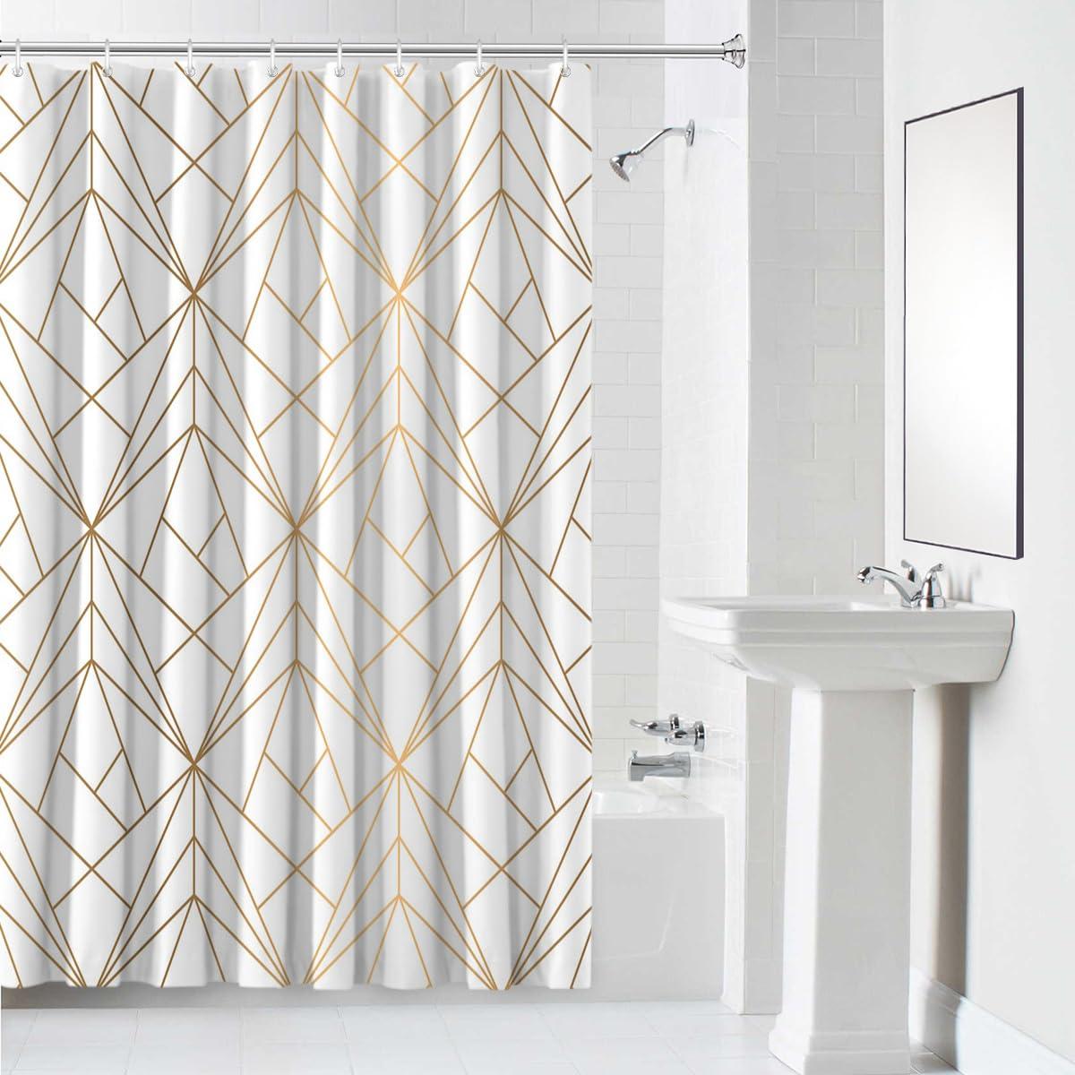 Houseown Shower Curtain, Gold Yellow Line Geometric Patterned Washable Shower Curtain with Hooks Bath Decor Fabric Shower Curtains for Bathroom, Hotel, Stalls, Bathtubs, 36x72 in