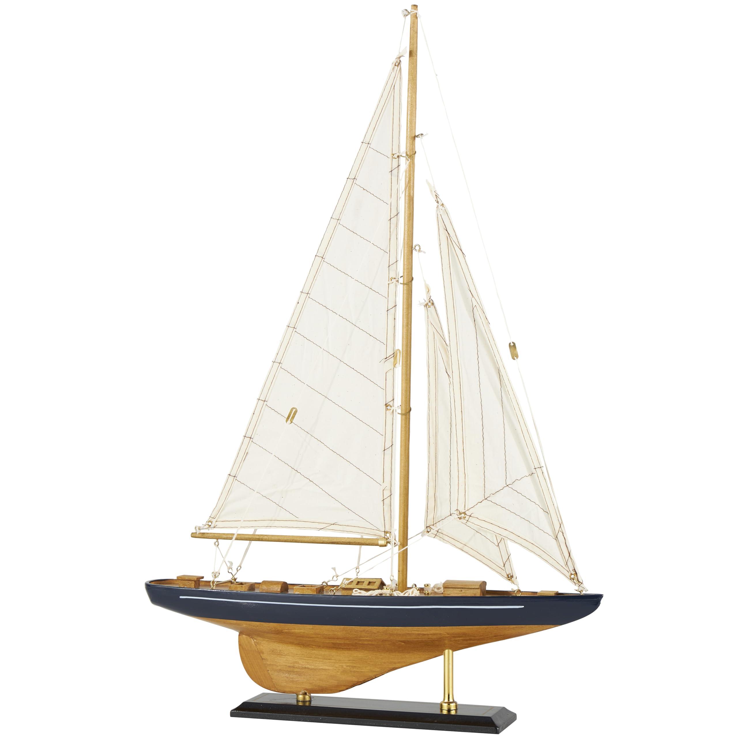 Deco 79 Deco 79 Wood Sail Boat Decorative Sculpture Home Decor Statue with Beige and Navy Accents and Lifelike Rigging, Accent Figurine 17\" x 4\" x 21\", Brown