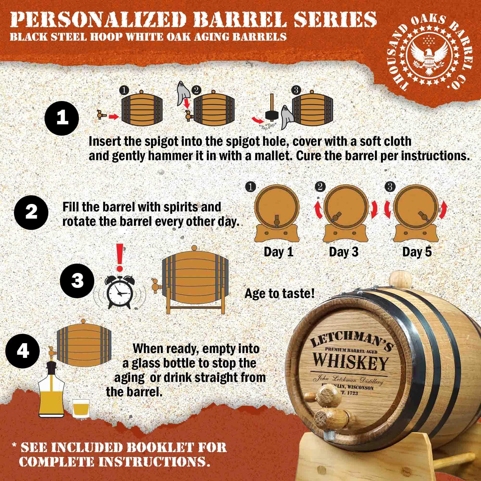 THOUSAND OAKS BARREL Personalized 2 Liter Oak Aging Barrel with Wood Stand, Bung & Spigot - Age Cocktails, Bourbon, Whisky, Rum, Tequila, Mead Wine - 2L Mini Whiskey Aging Barrels (P5)