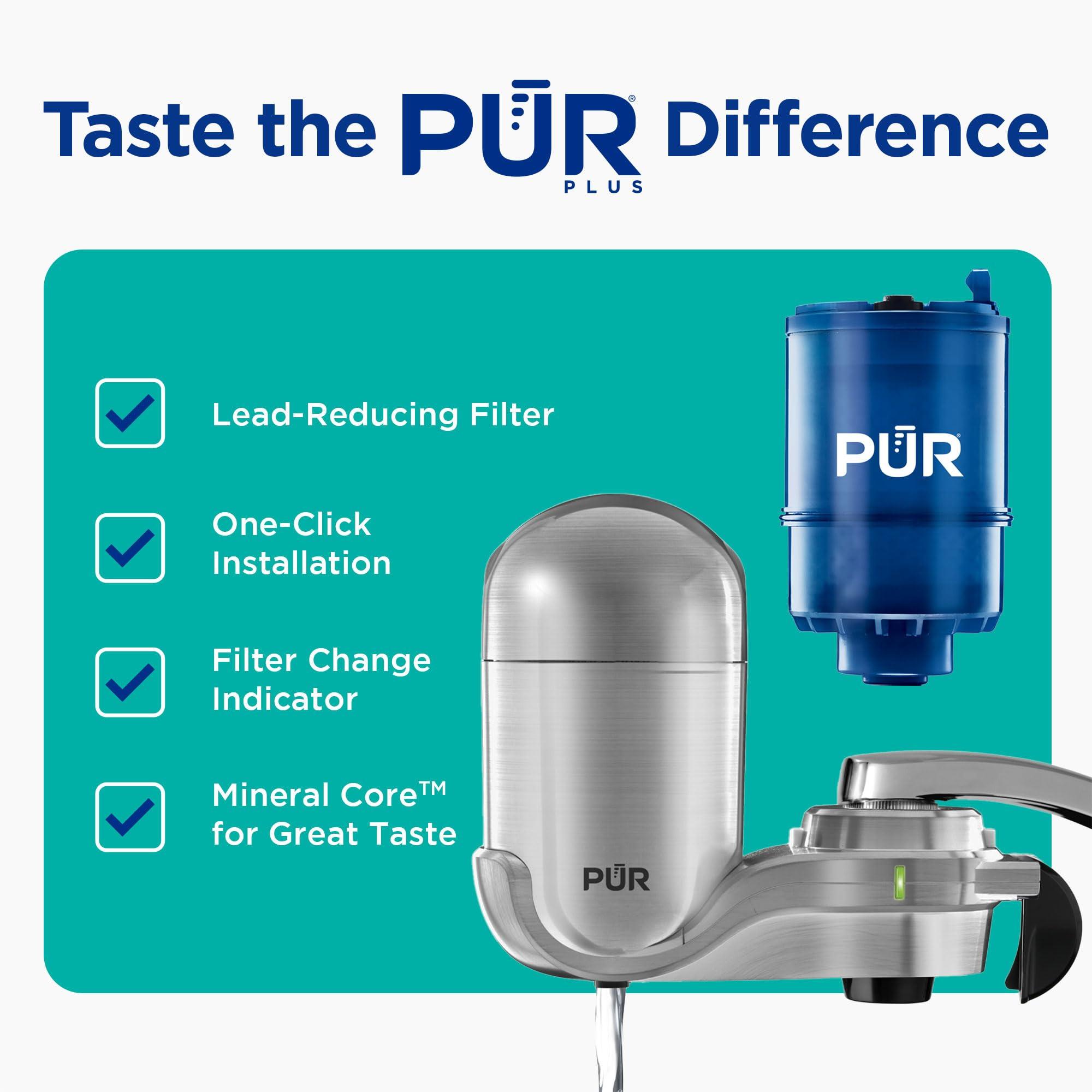 PUR PUR PLUS Vertical Faucet Mount Water Filtration System with 3-in-1 Lead Reducing Filter for Great-Tasting Filtered Tap Water, Lasts 100 Gallons, Fits Most Kitchen or Bathroom Faucets, Stainless Steel