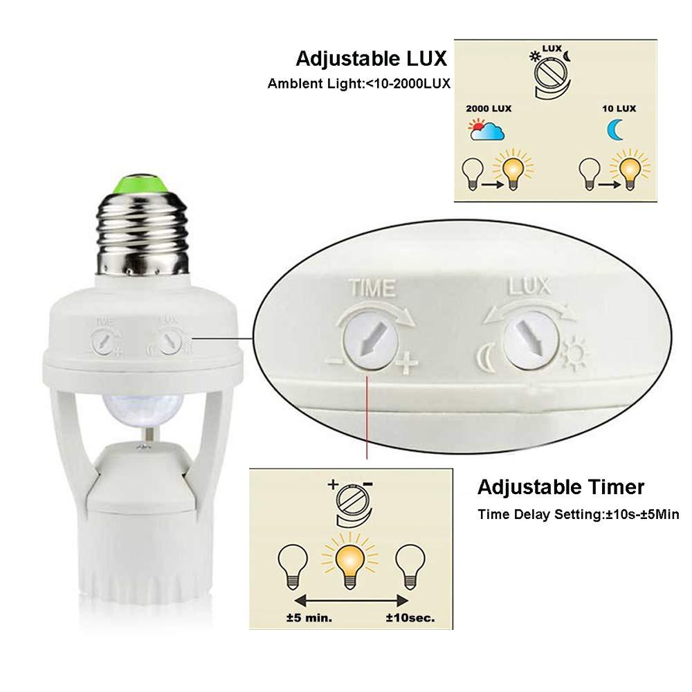 LPHUMEX Motion Sensor Light Socket, PIR Motion E26 Screw Bulb Adapter, Adjustable Auto On/Off Night Light Control, Garage Light, for Basement, Pantry Room, Storage Room, Garage Light
