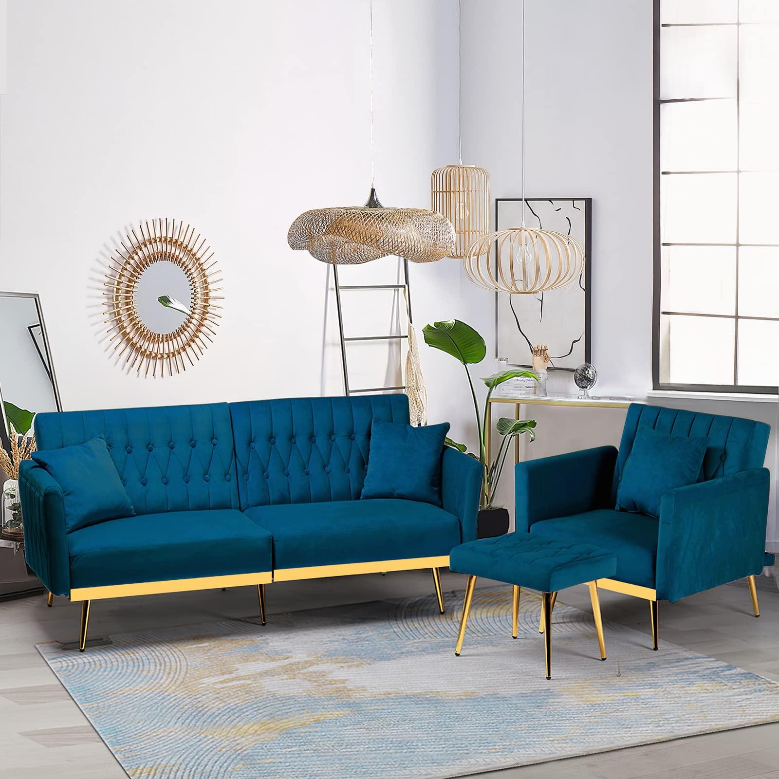 ACMEASE ACMEASE 2 Pieces Velvet Sofa Set with Adjustable Armrest and Backrest, 70 Convertible Futon Sofa Bed & Mordern Accent Chair with Ottoman for Living room, Bedroom, Teal