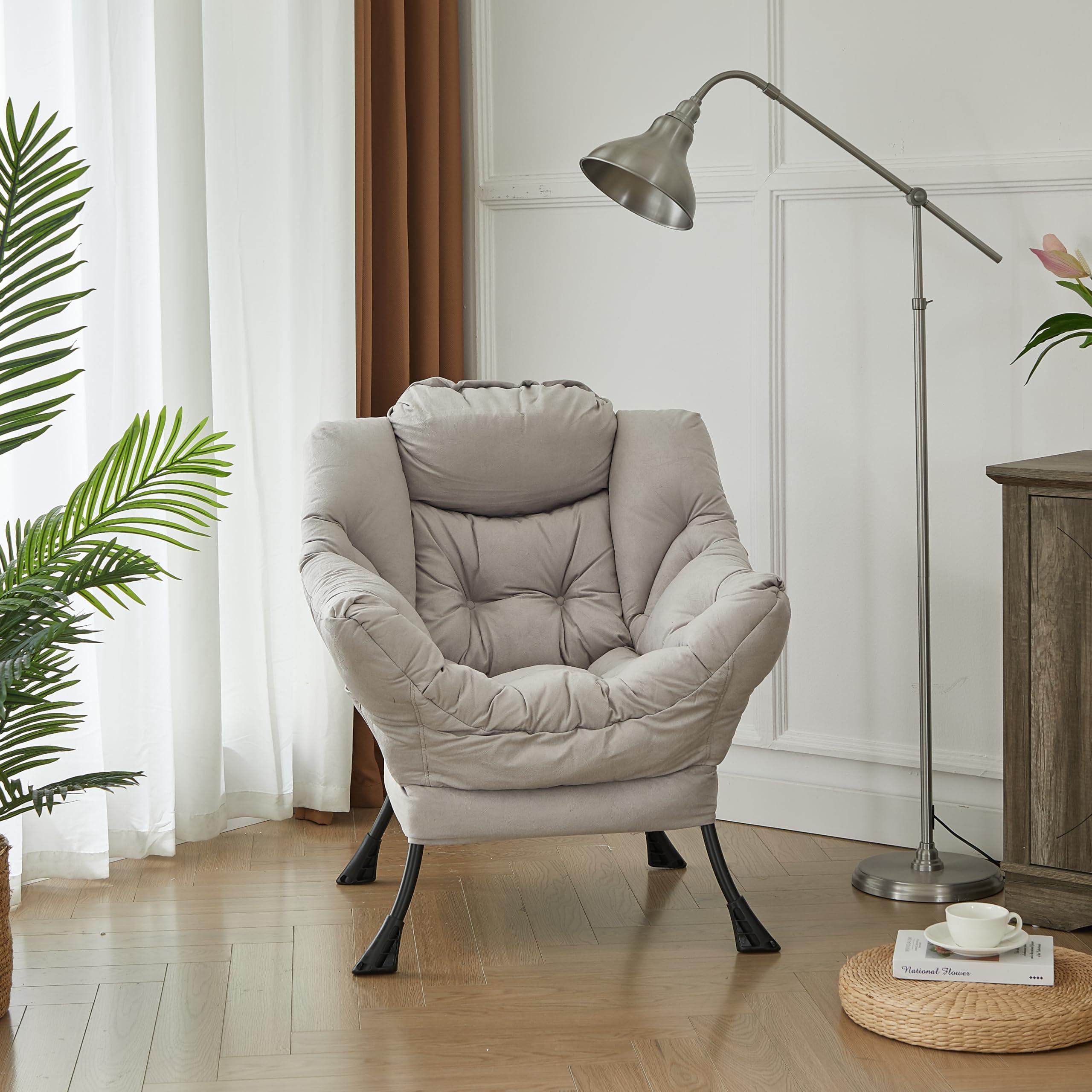 HollyHOME HollyHOME Modern Fabric Large Lazy Chair, Accent Oversized Comfy Reading Chair, Thick Padded Cozy Lounge Chair with Armrest, Single Steel Frame Leisure Sofa Chair for Living Room, Bedroom, Dorm, Grey