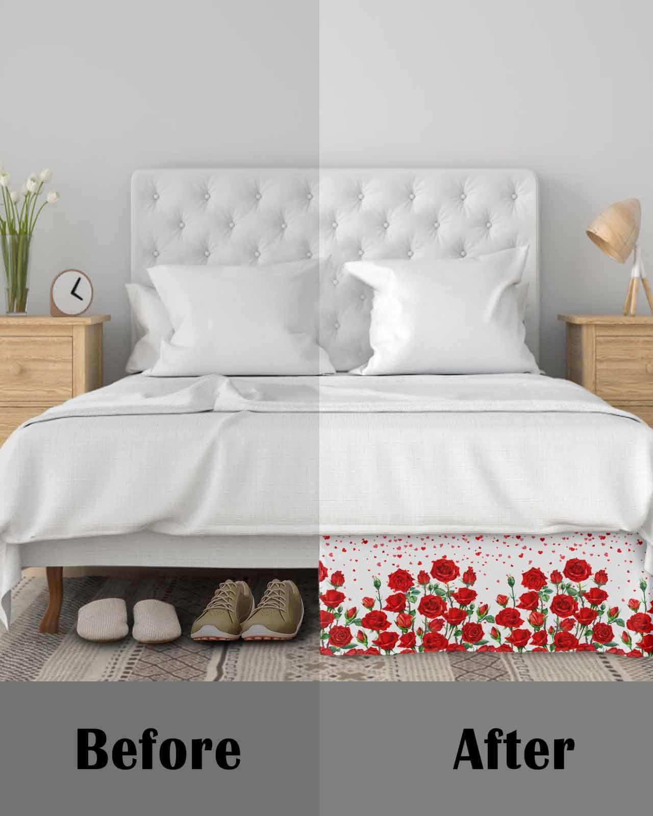 Falaniique Red Rose California King Bed Skirt Pleated Bedding Skirt with Spilt Corners 18\" Tailored Drop Dust Ruffle Easy Fit Breathable Premium Valentine\'s Day Red Flower Spring Plant