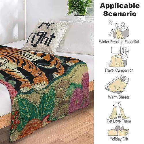 MangGou MangGou Oriental Toile Chinoiserie Flannel Blanket Animal Tiger Stripe Pink Floral Throw Blankets Colorful Flower Animal Print Tiger Throw Blanket for Bed Home Decoraive Warm Blankets 40x50in