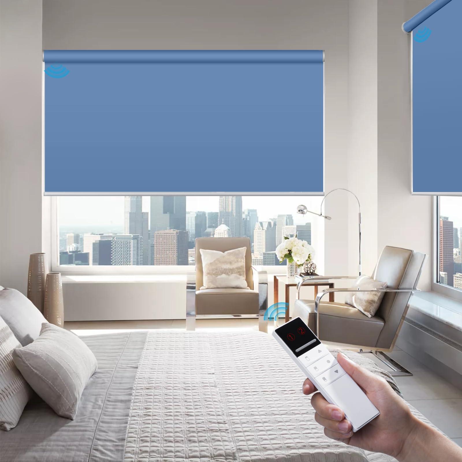 ZSTARR Motorized Blackout Window Blinds Customize Width (21-92 in) Remote Control Wireless and Rechargeable Roller Shades Blinds for Windows, Home, Office, Living Room, Master Room, Restaurant (Dark Blue)