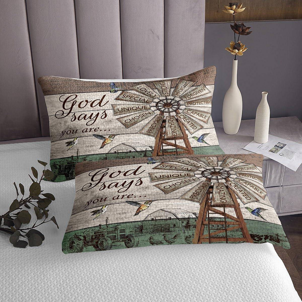 Erosebridal Rustic Farmhouse Quilt Set Queen Size, Vintage Country Windmill Coverlet Set For Kids Teens Adult Women Bedroom,Farm Animal Cabin Bedspread Set Western Wood Barn Door Bed Set With 2 Pillow Cases