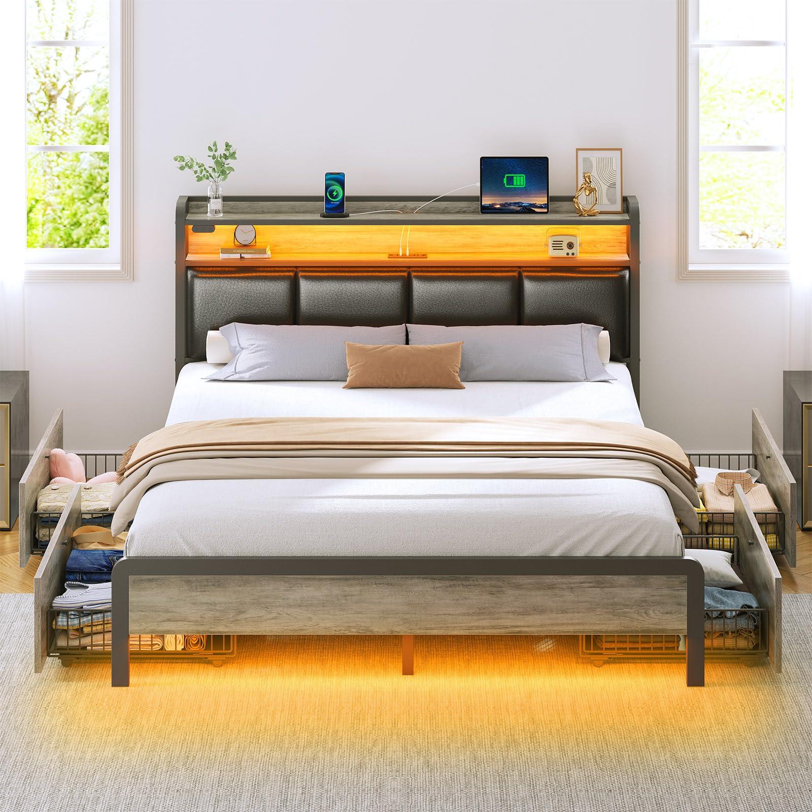 Rolanstar Rolanstar Bed Frame Full Size with Charging Station and LED Lights, Upholstered Storage Headboard with Drawers, Heavy Duty Metal Slats, No Box Spring Needed, Easy Assembly, Vintage Grey and Black