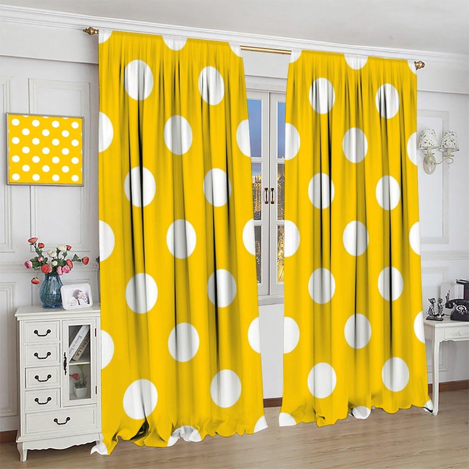 JADERYS JADERYS Dots Curtains Modern Simple Abstract White Polka Dot Yellow Kids Girls Women Bedroom Living Room Blackout Rod Pocket Decoration Window Drapes 2 Panels W27.5xL63in