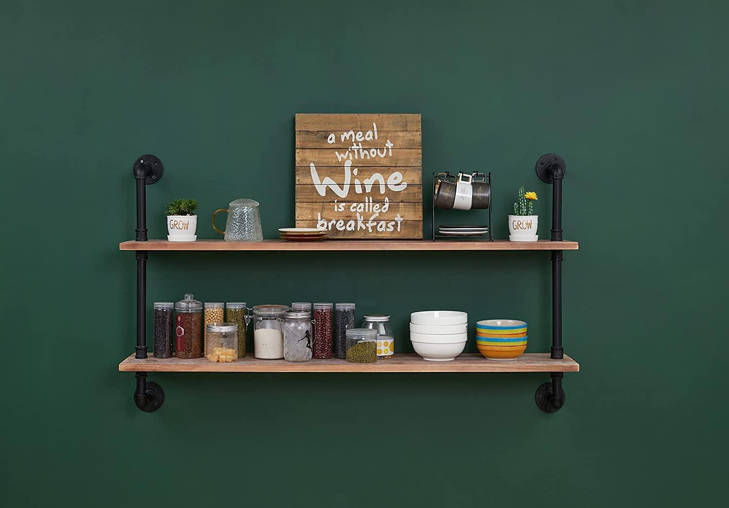 HDDFER Pipe Shelves Industrial Pipe Shelving Shelves Real wood Industrial Floating Pipe Shelves with Wood planks 48 inch Industrial Wall Shelves Rustic Hanging Bookshelf Farmhouse Kitchen Bar Shelving