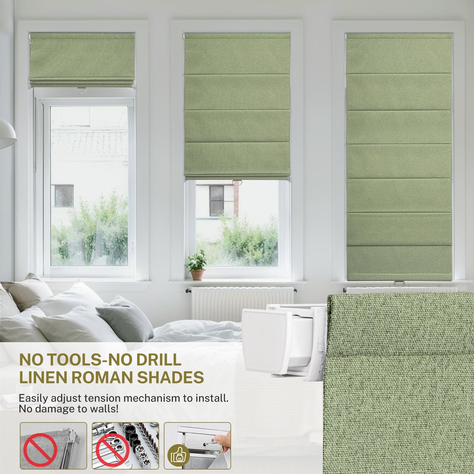 moonice Moonice No Tools No Drill Roman Shades for Windows Blackout Cordless Linen Blinds Privacy Fabric Roman Shades for Indoor Windows, Thermal Insulated Easy Install Roman Blind for Windows, Green