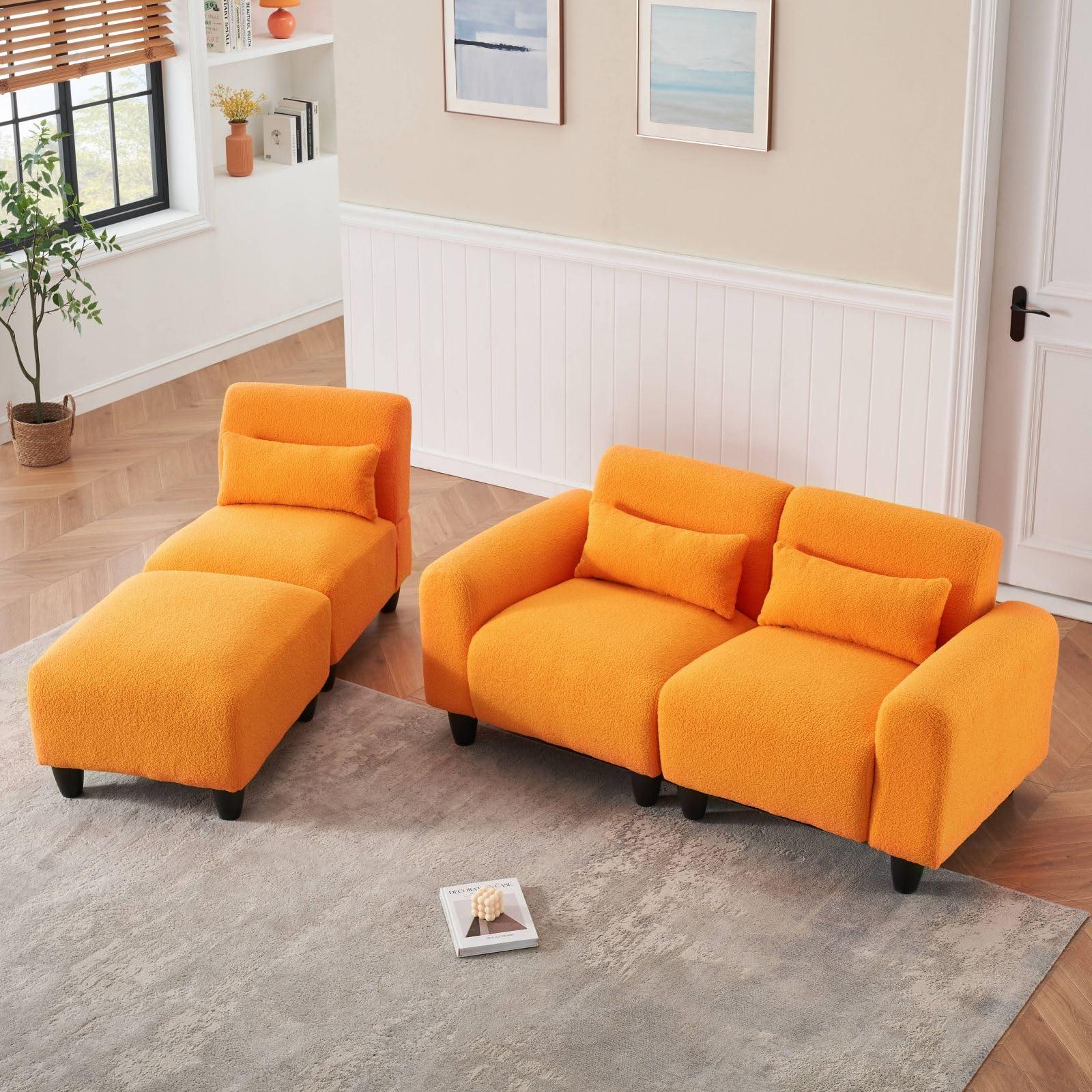 KEVINSPACE KEVINSPACE 84.6" Convertible Sectional Sofa Couch 3-Seat Couch with Convertible Ottoman 3 Pillows Teddy Fabric L-Shape Sofa Indoor Furniture Small Couch for Living Room Apartment Office Orange