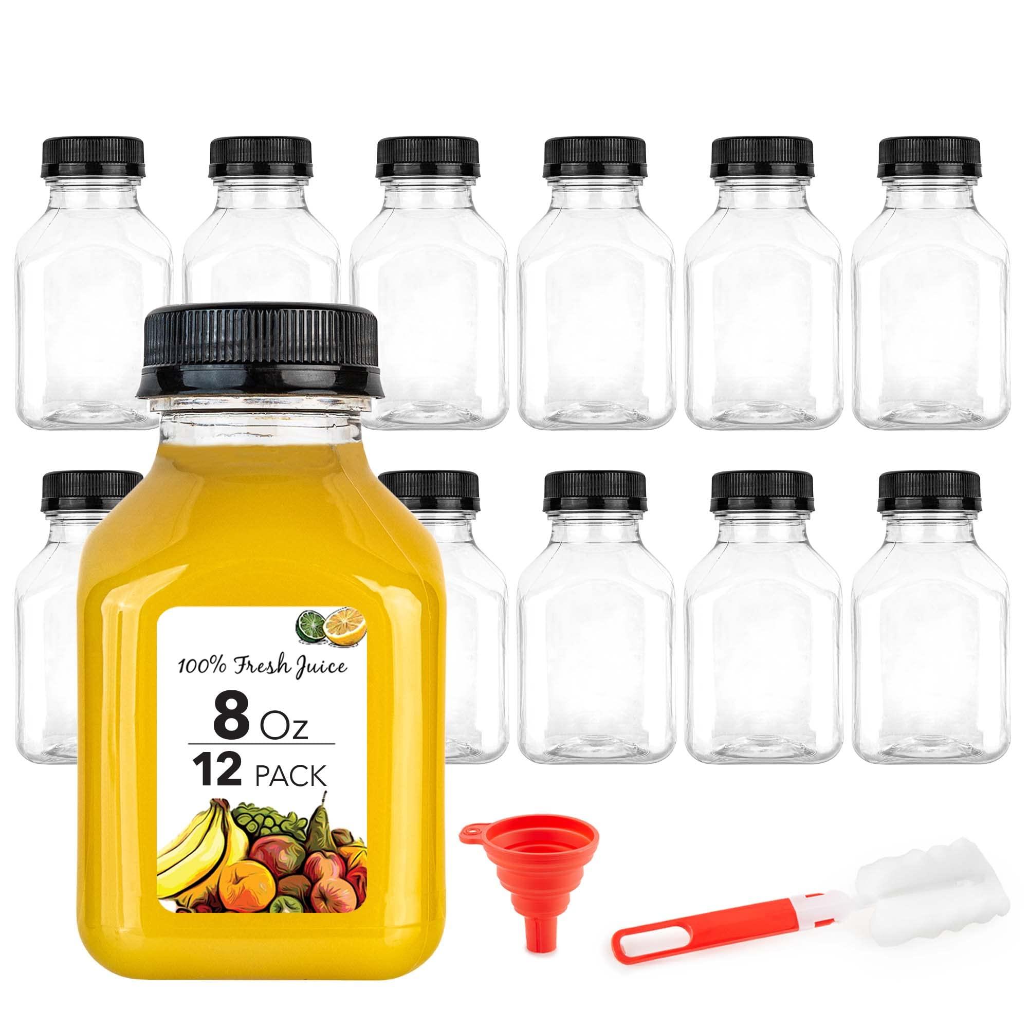 Stock Your Home 8 oz Juice Bottles with Caps for Juicing (12 pack) - Reusable Clear Empty Plastic Bottles - 8 Oz Drink Containers for Mini Fridge, Juicer Shots - Mini Water Bottles - Includes Labels, Brush & Funnel