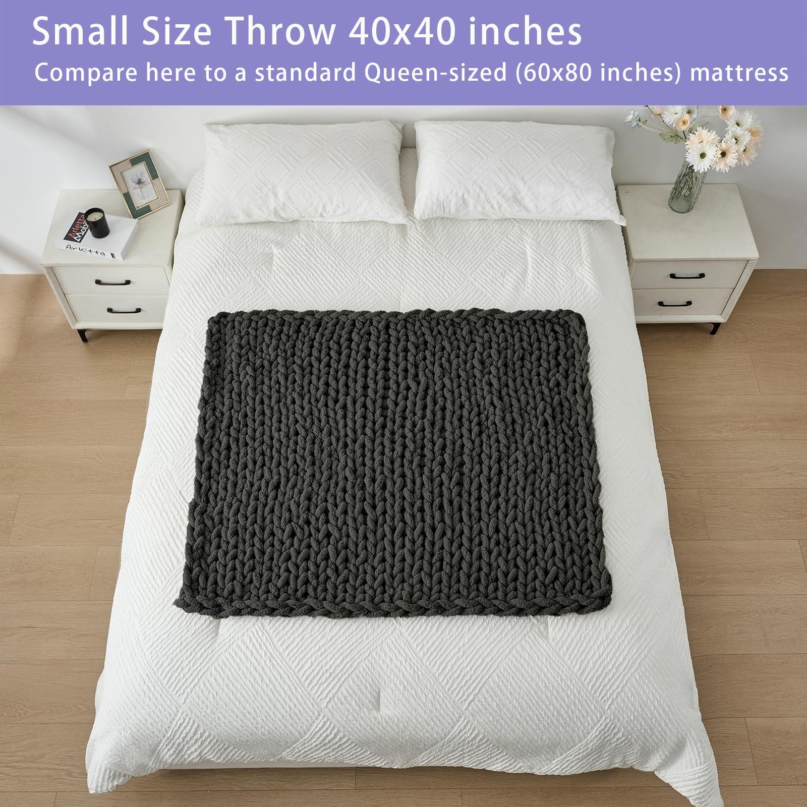 Bigacogo Bigacogo Chunky Knit Throw Blanket for Couch, 40x40 inches, 100% Hand Knitted with Thick Jumbo Chenille Yarn, Cozy Soft Large Rope Knot Cable Crochet Blankets for Sofa Bed Living Room, Dark Grey