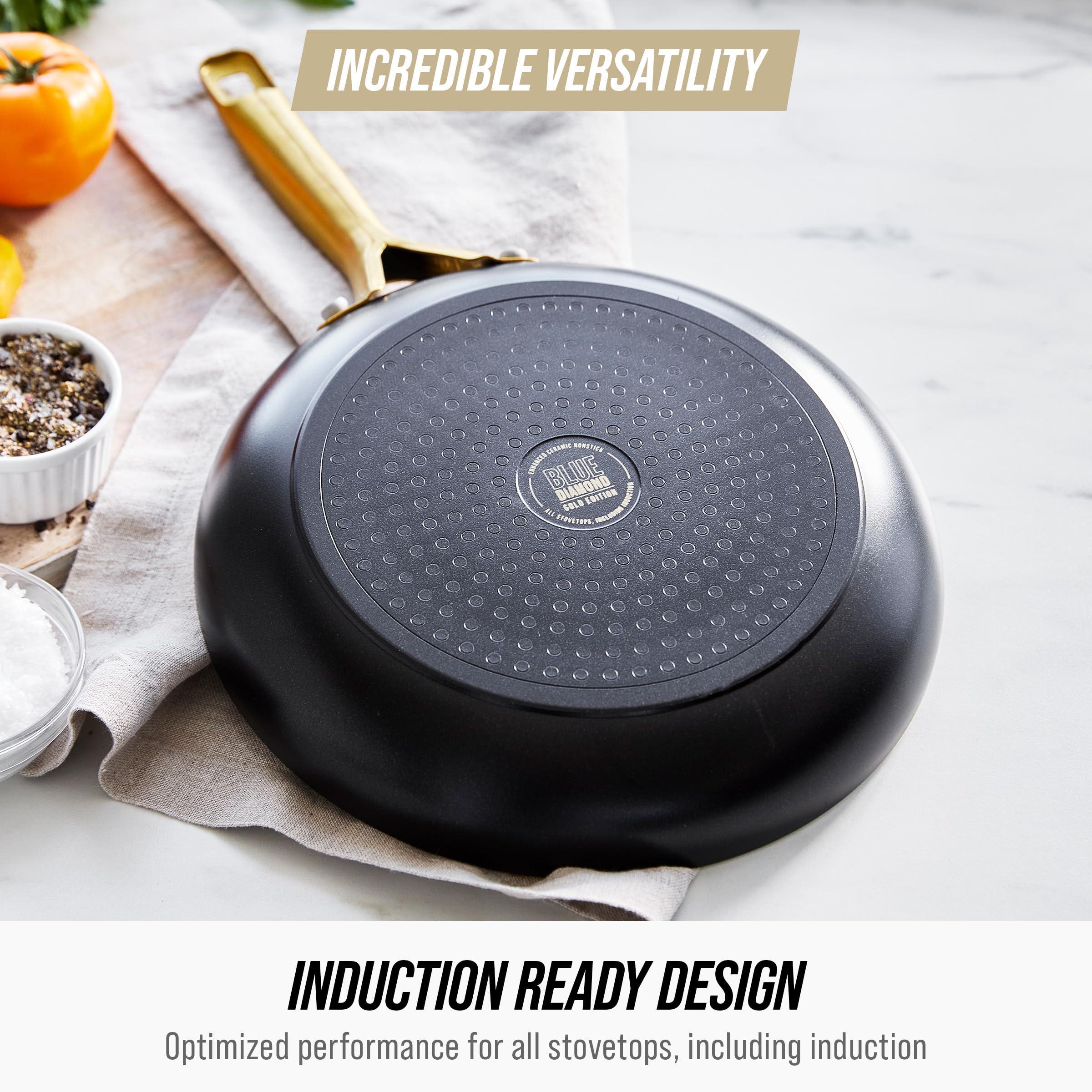 Blue Diamond Blue Diamond Gold 14 Piece Cookware Pots and Pans Set, Induction Suitable, Diamond Infused PFOA & PFAS-Free Ceramic Nonstick, Durable Metal Utensil Safe, Dishwasher Safe, Gold Handle, Black