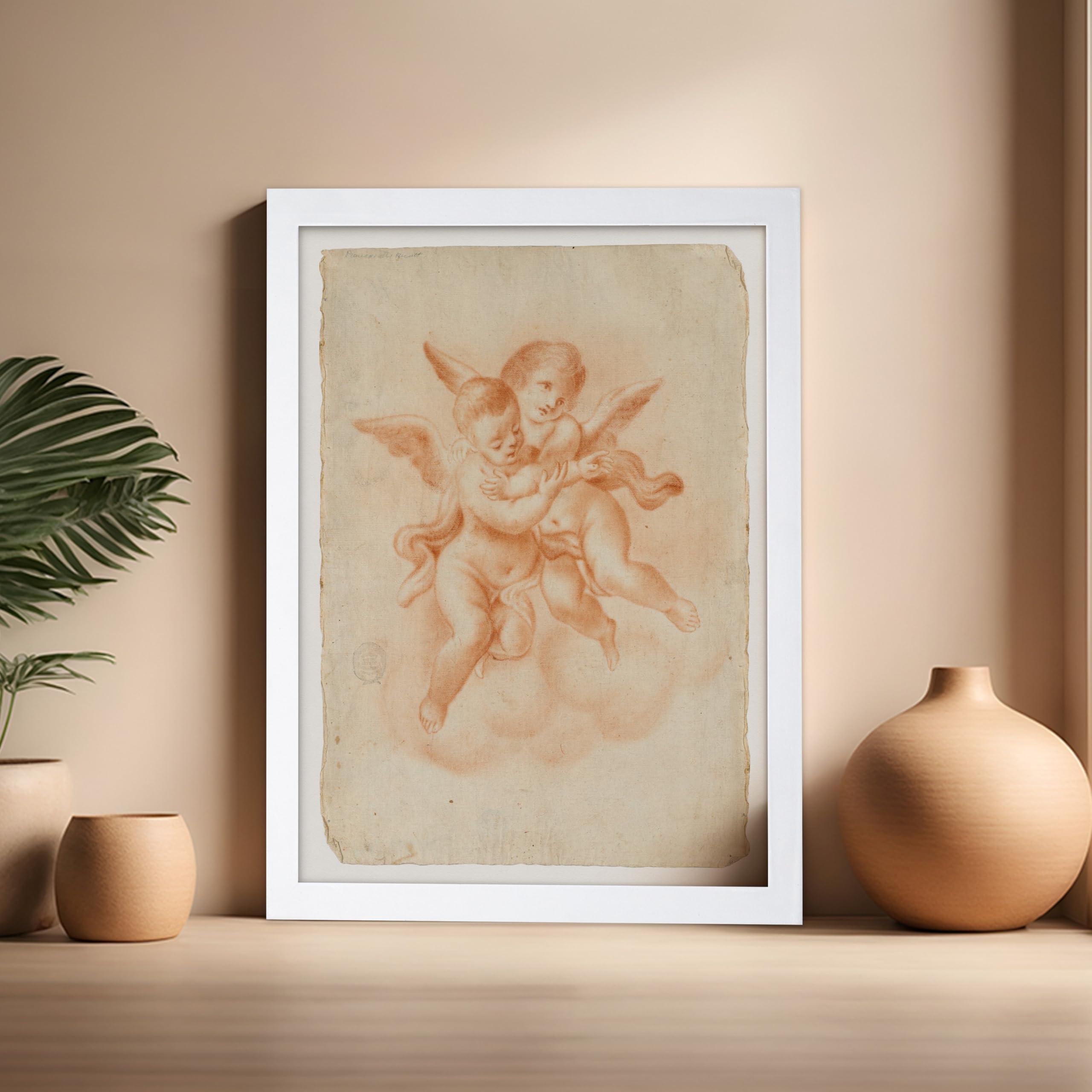 Monem Art Studio Monem Art Vintage Winged Putti in Clouds Poster - Retro Embrace Print - Mythology Art - Putto Art - Gift for Men & Women - Decor for Office, Kid\'s Room or Living Room, 16x20 White Framed