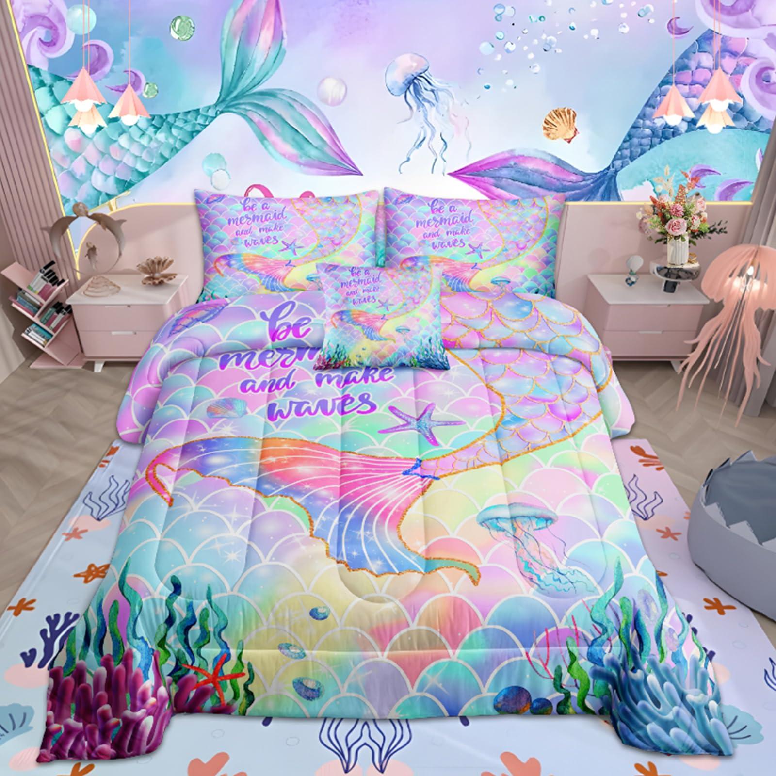 ROWADALO ROWADALO 5 Pieces Mermaid Scale Glitter Comforter Set Fish Scale Shell Starfish Girls Bedding Set,Gradient Rainbow Mermaid Tail Bed in A Bag Twin Size Complete Set for Girls Bedroom,MRY502-Twin