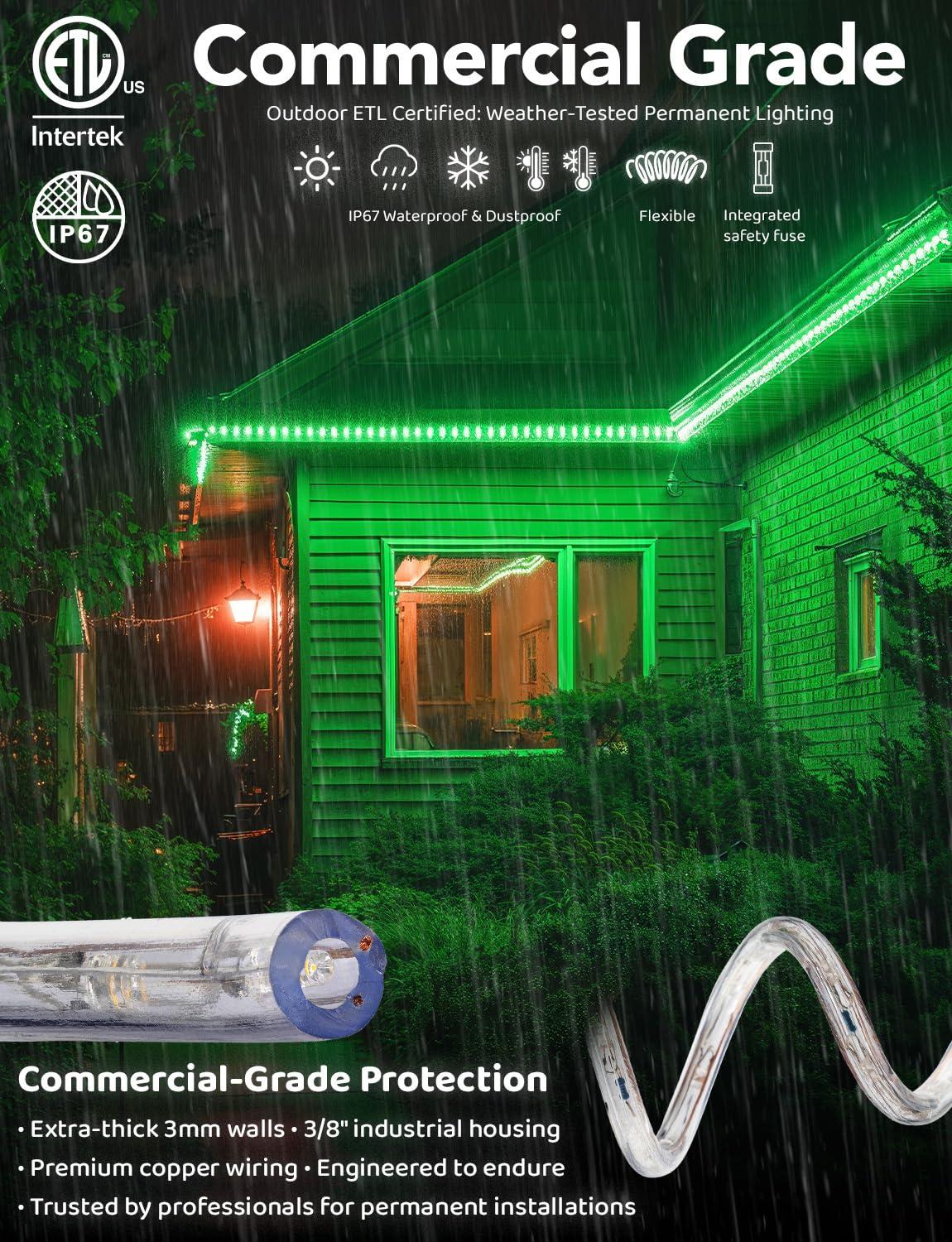 WYZworks WYZworks 1656LEDs 150ft LED Outside Rope Lights, Outdoor ETL Certified Waterproof Permanent 360 Degree Light Emitting, Flexible Tube, Connectable, Christmas Palm Tree Exterior Landscape, Green