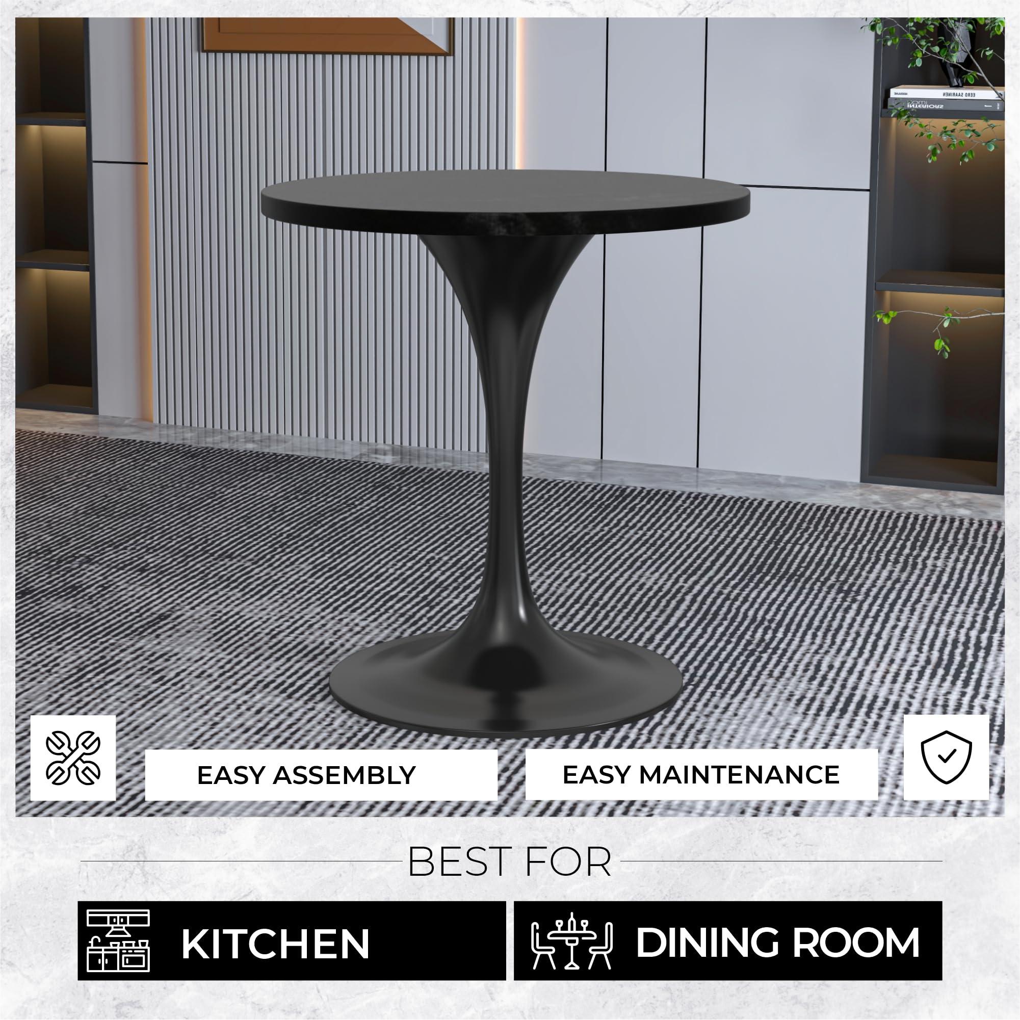 LeisureMod LeisureMod Verve Mid-Century Modern Dining Table with a 27\" Round MDF Tabletop and White Steel Pedestal Base for Kitchen and Dining Room (Black)