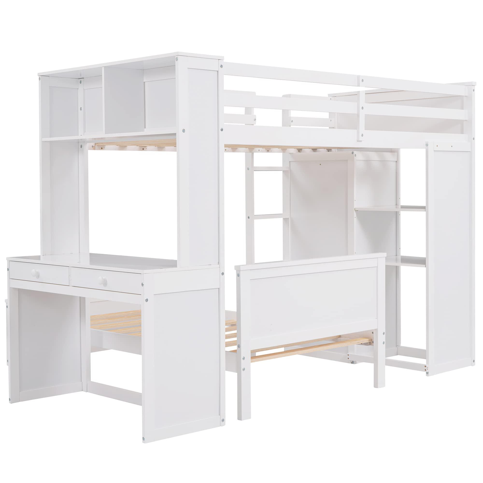 TRIPLE TREE Loft Bed Twin Size, Wood Loft Bed Frame with a Stand-Alone Bedframe, Shelves, Desk and Wardrobe for Teens, Girls and Boys, Save Space Bunk Bed, 2 Beds in 1 Multifunctional Bed Frame, White