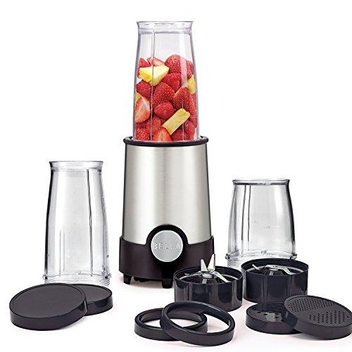 BELLA BELLA Personal Size Rocket Blender, Perfect for Smoothies, Shakes & Healthy Drinks, Easy Grinding, Chopping & Food Prep, 285 Watt Power Base, 12 Piece Blending Set, Stainless Steel/Black