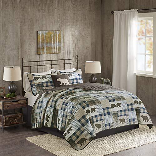 Woolrich Woolrich Reversible Quilt Cabin Lifestyle Design - All Season, Breathable Coverlet Bedspread Bedding Set, Matching Shams, Oversized Full/Queen, Twin Falls Bear Brown/Blue 4 Piece