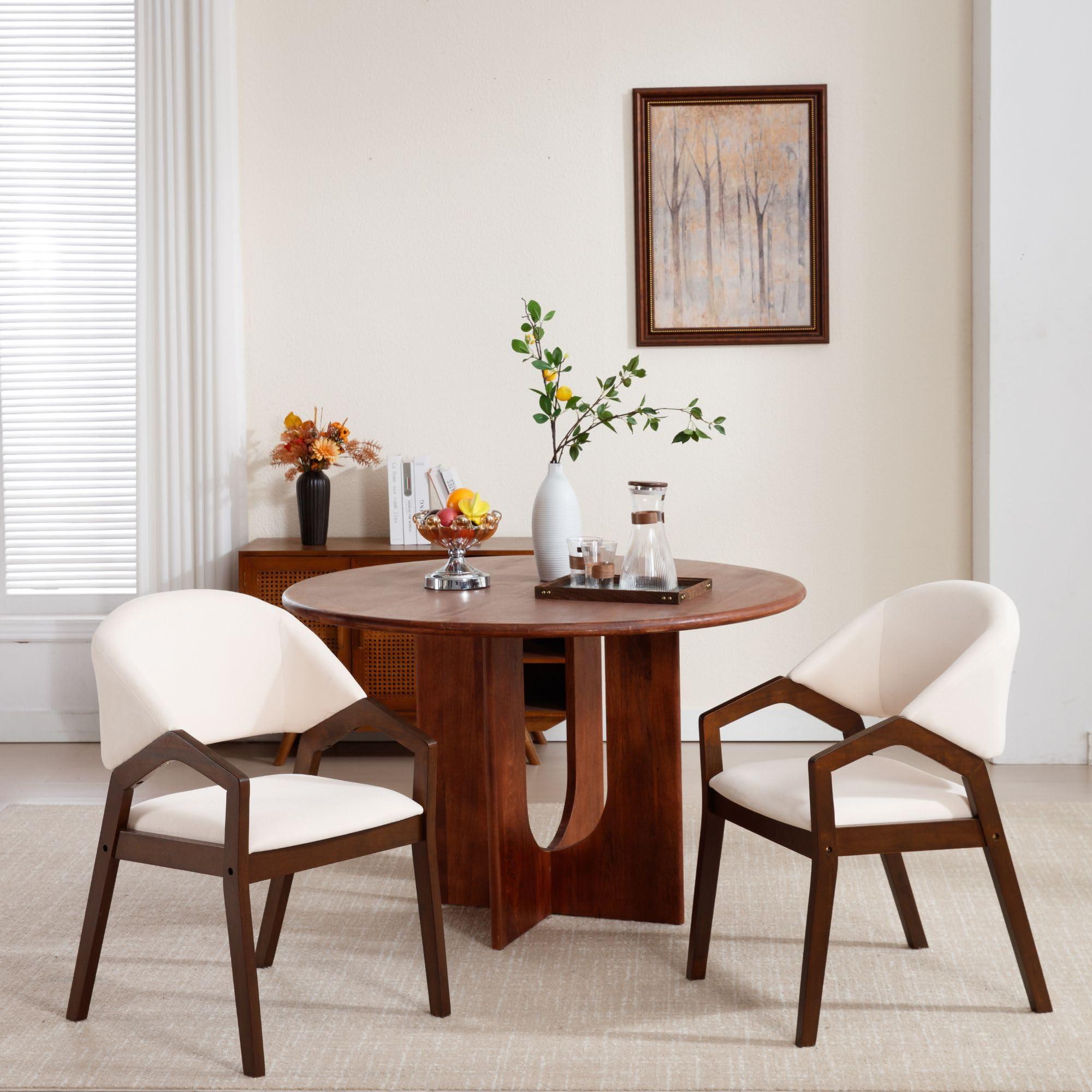 Wahson Wahson Mid Century Modern Dining Chairs Set of 4, Upholstered Fabric with Beige Chenille, Brown Solid Wood Frame