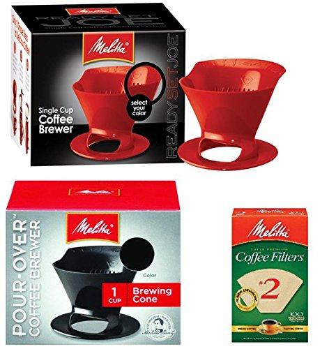 Melitta Melitta Ready Set Joe Single Cup Pour Over Coffee Brewer Maker – 1 Black & 1 Red + #2 Natural Brown Cone Coffee Filters 100-Count