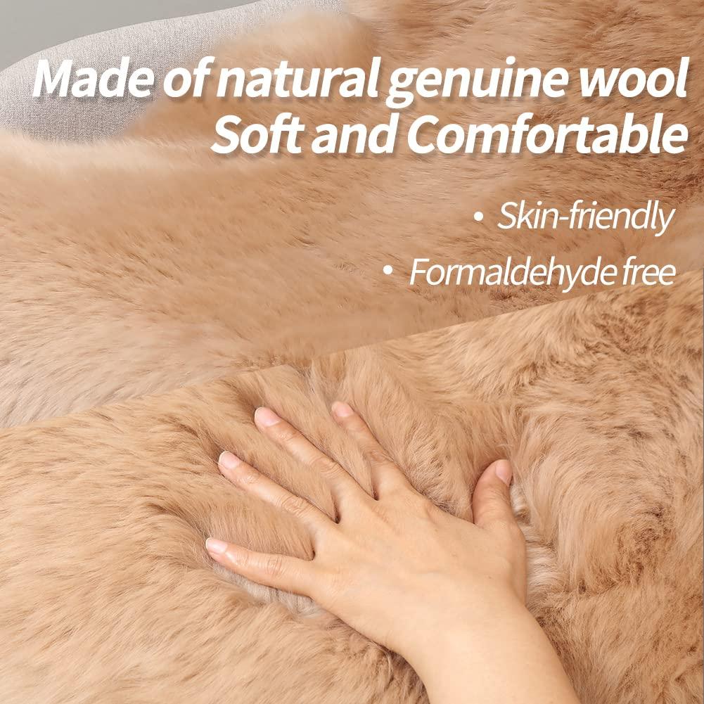 IRIWOOL IRIWOOL Premium Genuine Fur Sheepskin Rug Real Australia Sheepskin Natural Luxury Fluffy Lambskin Fur Area Rug Seat Covers for Kids Bedroom Sofa Chair Cover (Light Brown, Double Pelt/2ft x 6ft)
