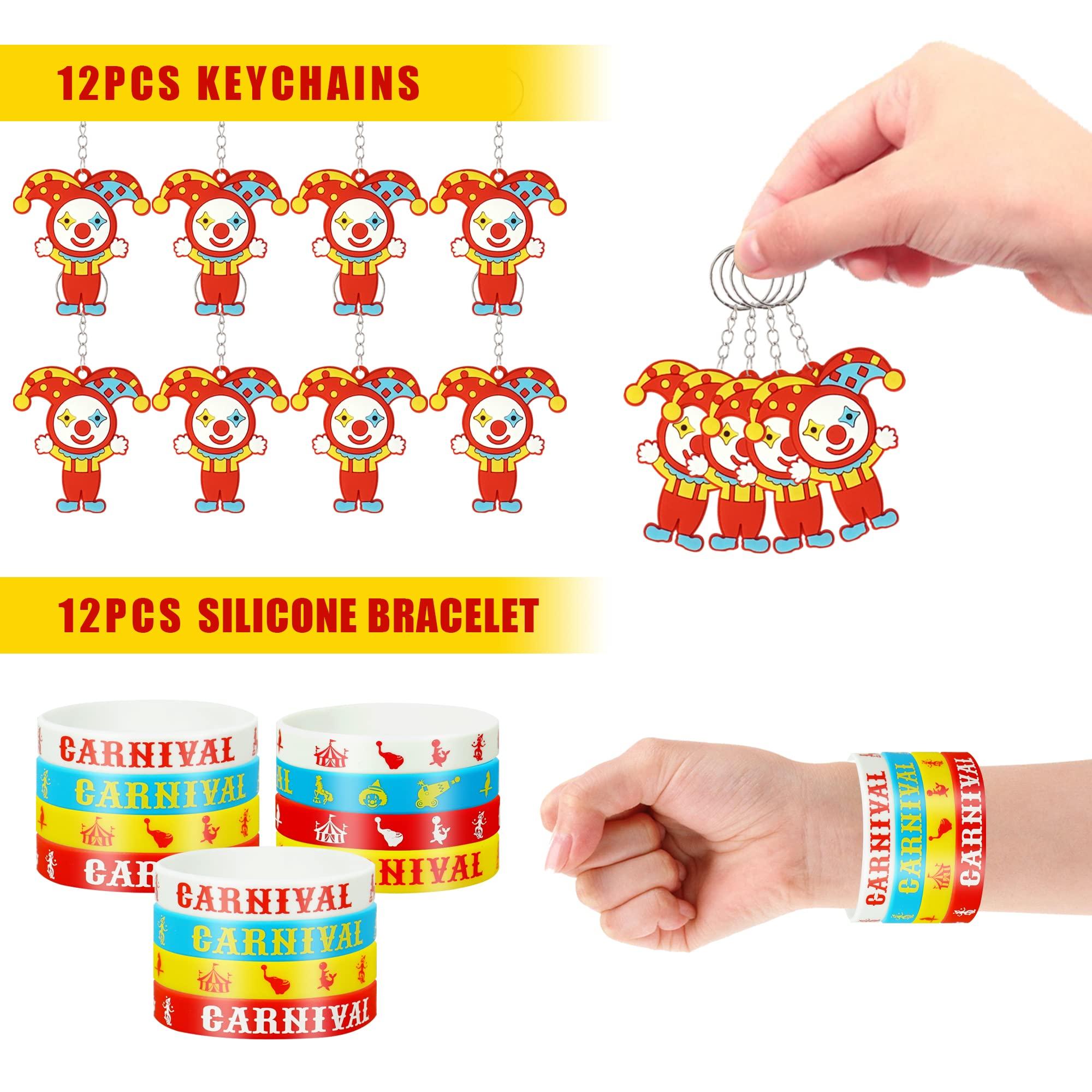 BUYWUMORE BUYWUMORE 98 PCS Circus Party Favors, Clown Keychains Goodie Bags with Stickers, Rubber Bracelets, Button pins and Bags for Circus Carnival Theme Party Supplies Baby Shower (Circus)