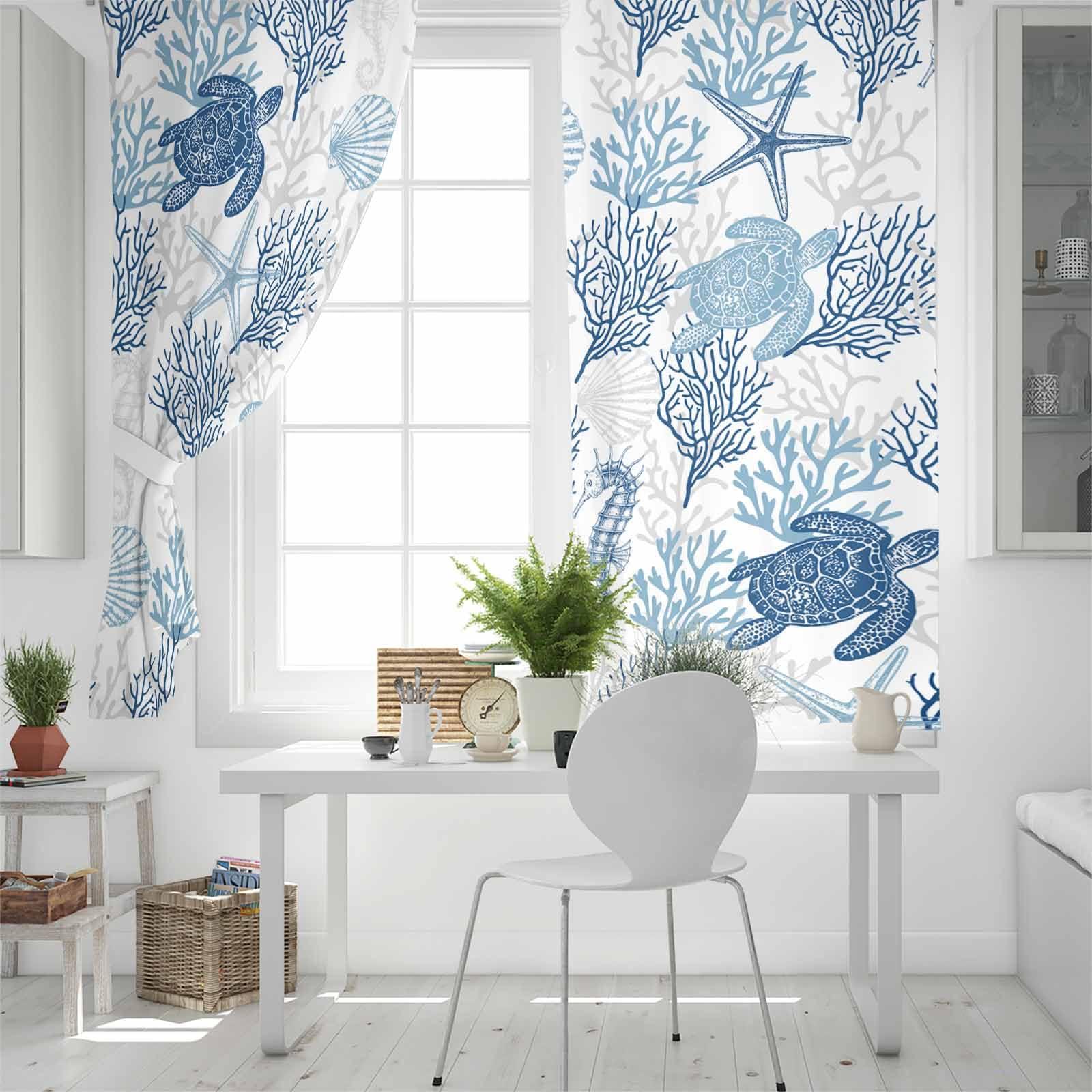 Double Love Coral Turtle Blackout Curtains 54 Inches Long for Bedroom,Thermal Insulated Room Darkening Black Out Living Room Window Curtain Panels Drapes,Summer Ocean Coastal Shell Starfish Seahorse 104x54