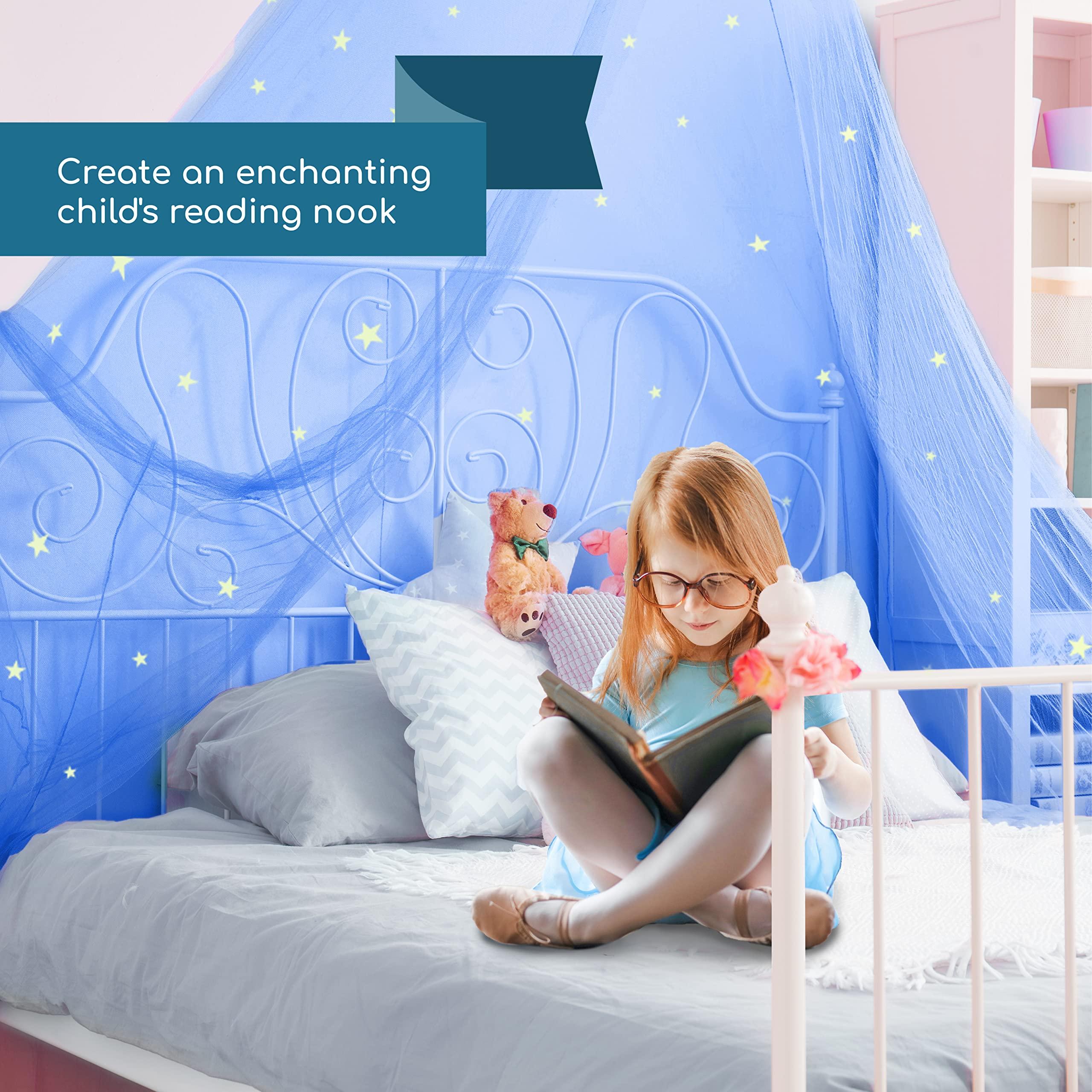 Bollepo Blue Canopy Bed, Blue Bed Canopy with Glow in The Dark Stars for Girls, Boys, Kids and Babies, Net Use to Cover The Baby, Kid Bed, Girls Bed Or Full Size Bed, Fire Retardant Fabric