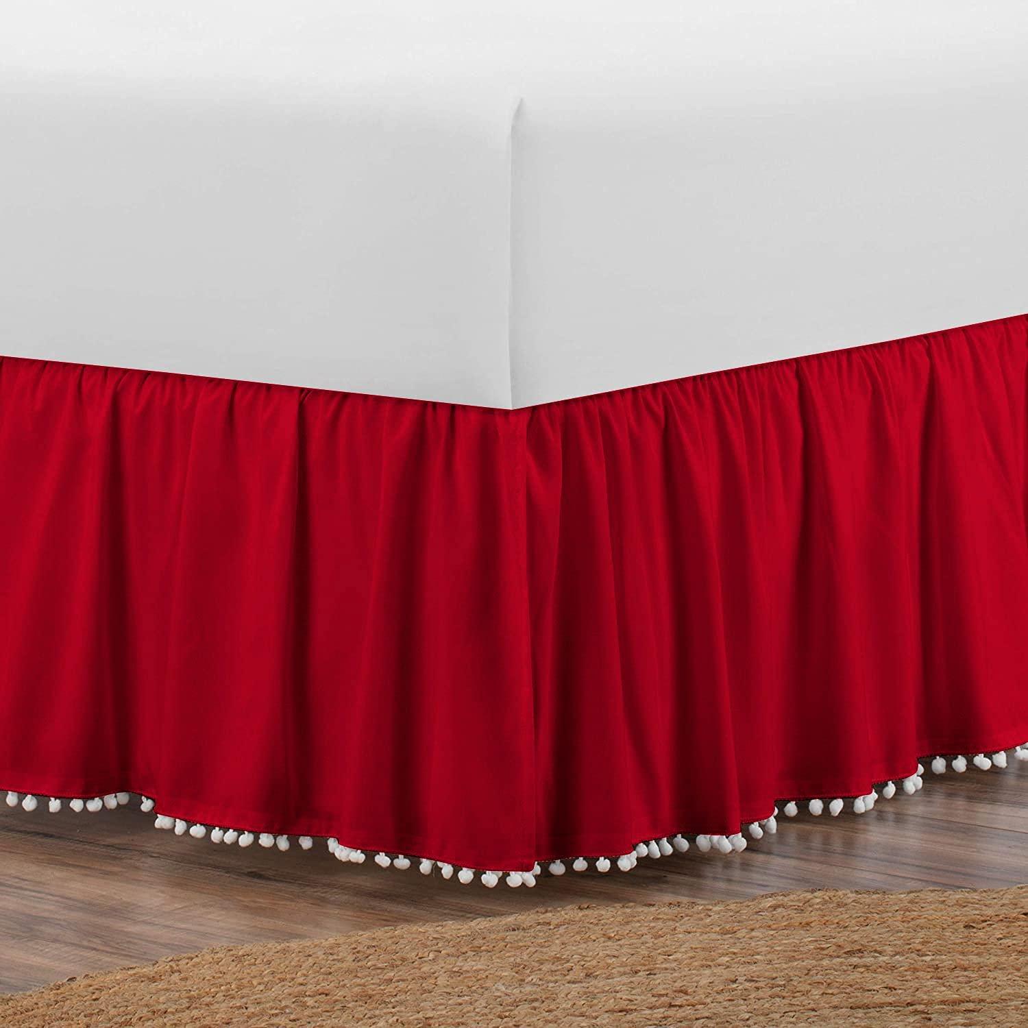 Protocott Luxury Pom Pom Dust Ruffle BedSkirt 100% Egyptian Cotton 1000 Thread Count, Top-Knot Tassel Pompom Fringe White Solid Pattern, 21 Inch Drop Full Size, Red Solid