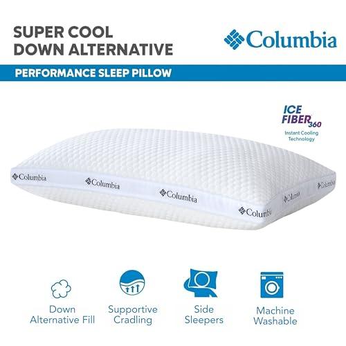 Columbia Columbia Comfort Ice Fiber Side Sleeper Down Alternative Bed Pillow with Polyester Fiberfill, Supportive and Cozy Instant Cooling Double Sided Breathable Cover, White, Standard/Queen Pack of 1