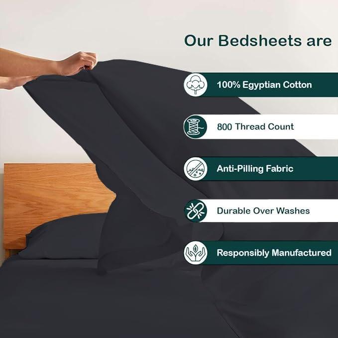 OnlineBestDeal\'s Split Top Queen (Adjustable, Flex Top Queen Size) 100% Egyptian Cotton 800 Thread Count 4Pcs Sheets for Sleep Number Bed, 15\" Inch Deep Pocket - Split Down 34 inches from The top - Black Solid