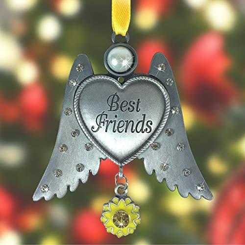 BANBERRY DESIGNS Best Friends Ornament - Pewter Finish Angel Wings with Heart Ornament - Jeweled Wings with a Yellow Sunflower Charm