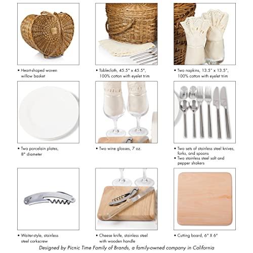 PICNIC TIME PICNIC TIME Heart Wicker Picnic Basket, 2 Person Set, Couple Gifts, (Antique White)