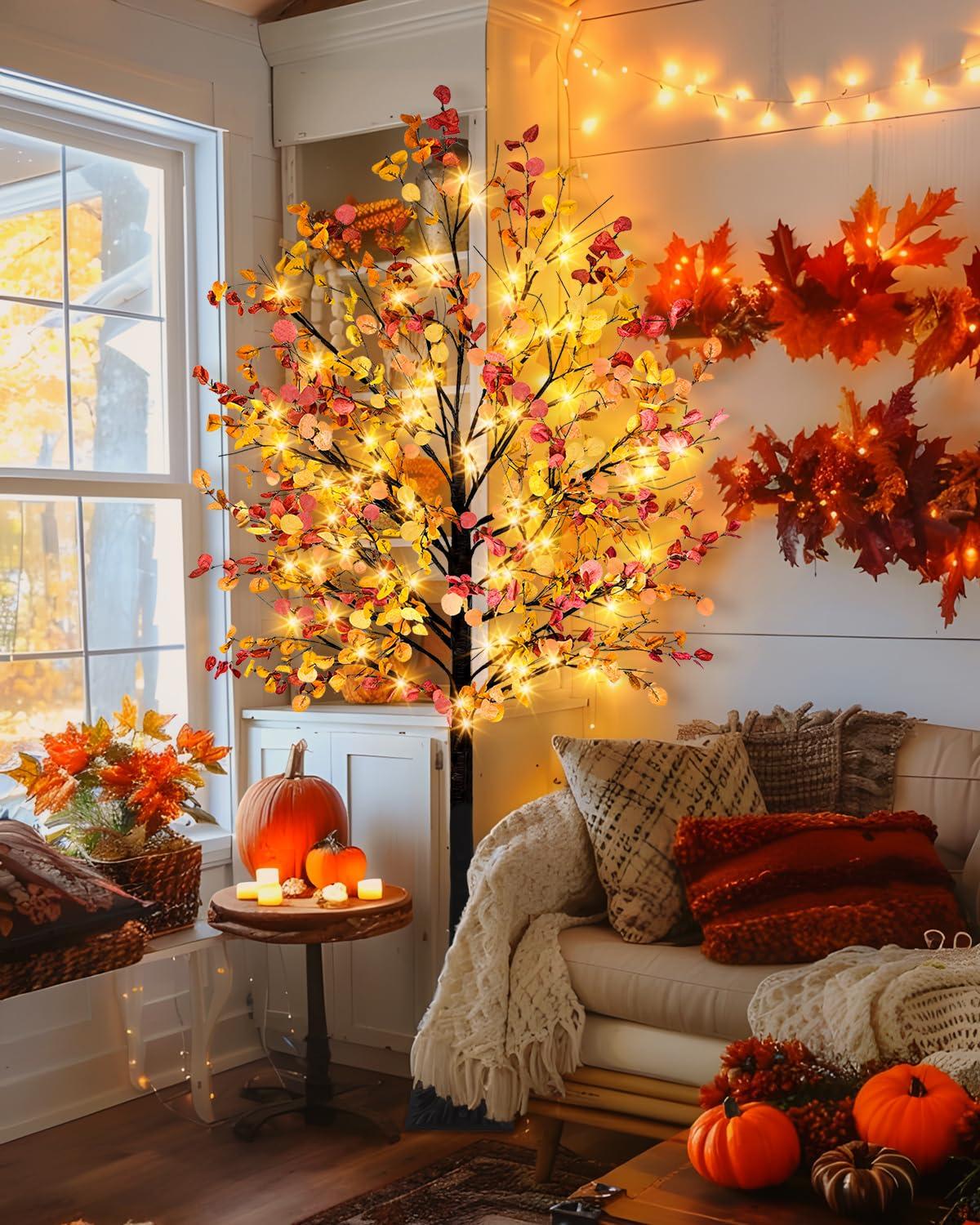 Caplidou Caplidou 7 FT Lighted Fall Eucalyptus Tree, 128 LED Artificial Fall Tree with Lights Fall Light Up Tree with Timer for Autumn Wedding Party Birthday Patio Porch Home Garden Indoor Outdoor Decor