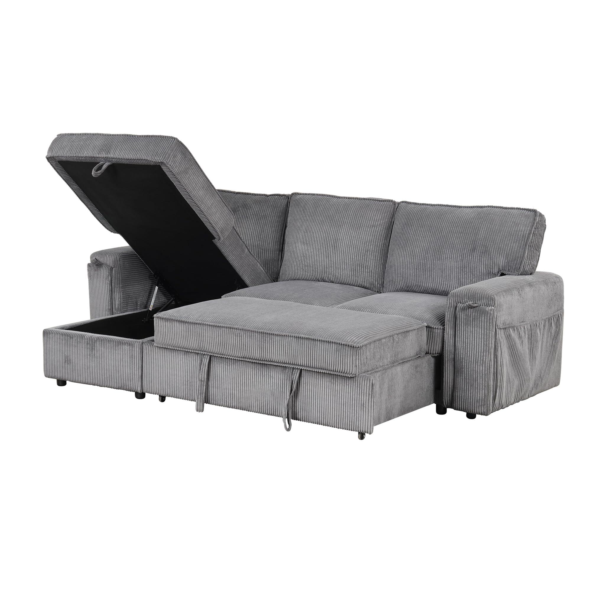 LPKRPL Upholstery Sleeper Sofa Sectional Sofabed - Extra Large Modern Sectional Sofa Set with Pull-Out Bed, Storage Bags and 2 Cup Holders on Arms, Suitable for Living Room, Study Room and Apartment (Gray)