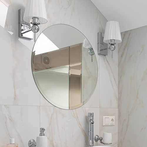 Fab Glass and Mirror Fab Glass and Mirror Round Frameless Safety Backing 1" Beveled Edge Mounted with Hooks-Bathroom Wall Mirror 18"x18", 18" x 18", Silver